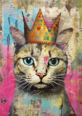 Close-up portrait of a cat with teal eyes wearing a colorful polka-dot crown on a textured pink and blue background.