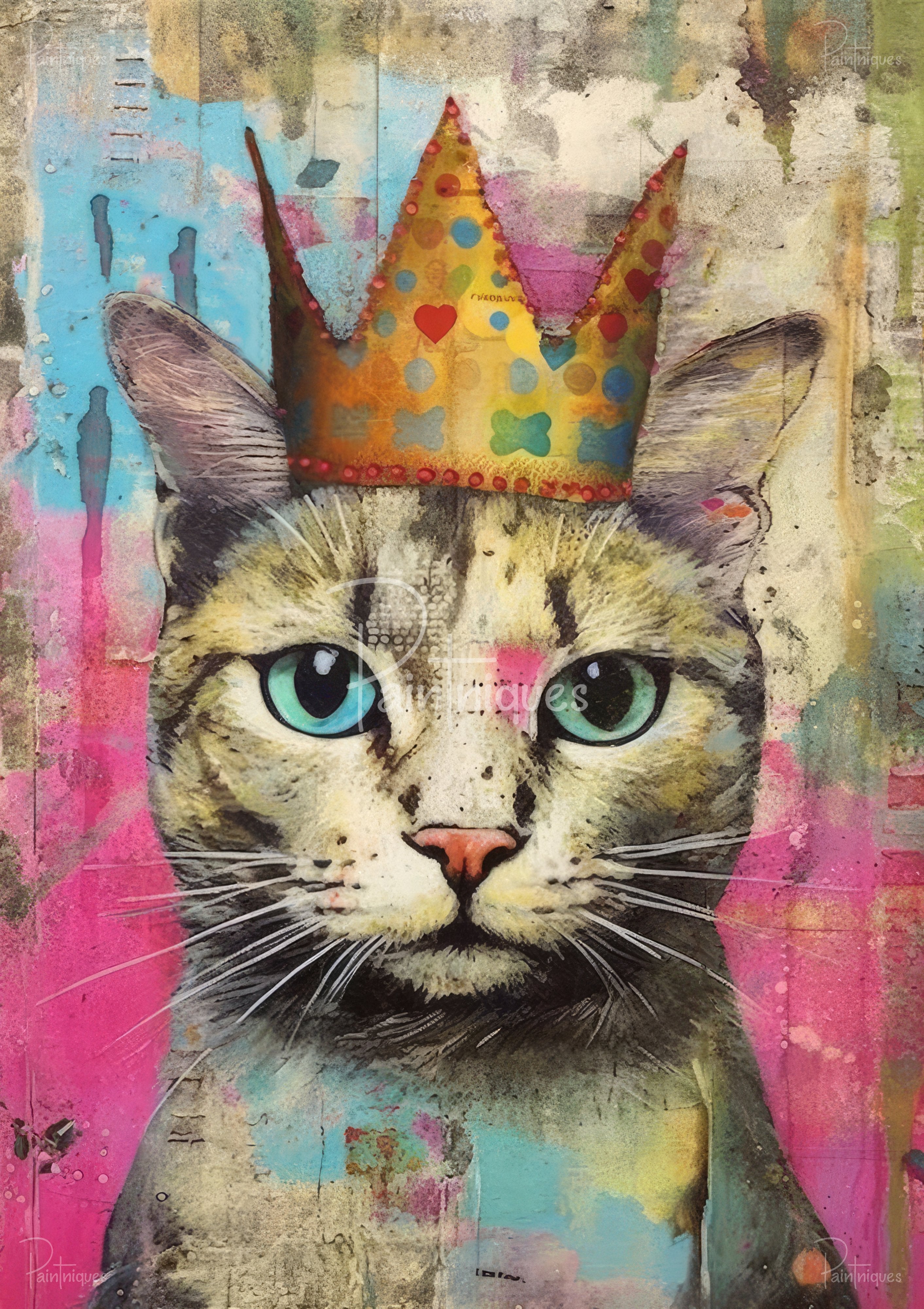Close-up portrait of a cat with teal eyes wearing a colorful polka-dot crown on a textured pink and blue background.