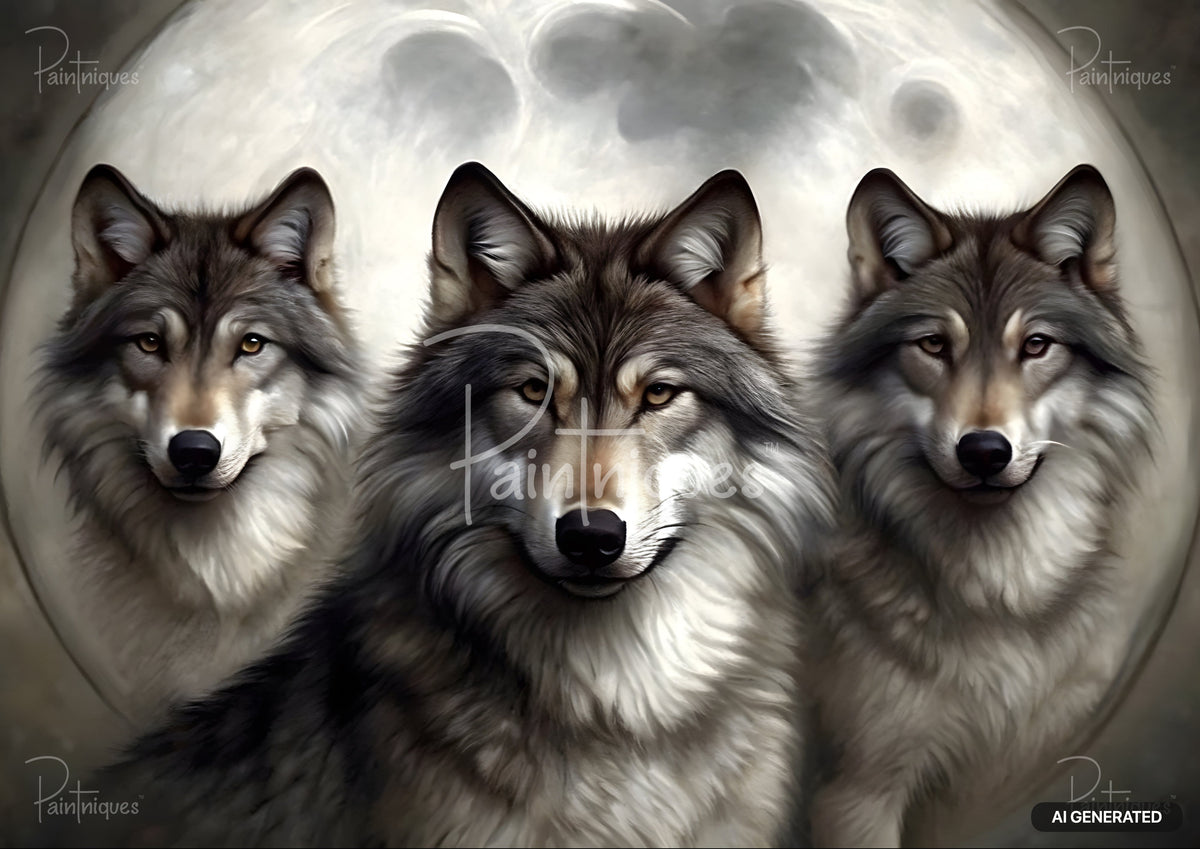 Three realistic wolves with gray and white fur against a full moon, with the center wolf prominent.