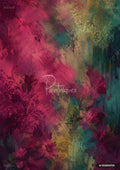 Abstract painting with vibrant fuchsia and deep teal brushstrokes, interspersed with gold accents and faint floral patterns.