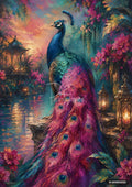 Vibrant painting of a peacock with pink and blue feathers by a moonlit pond with glowing lanterns and flowering plants.