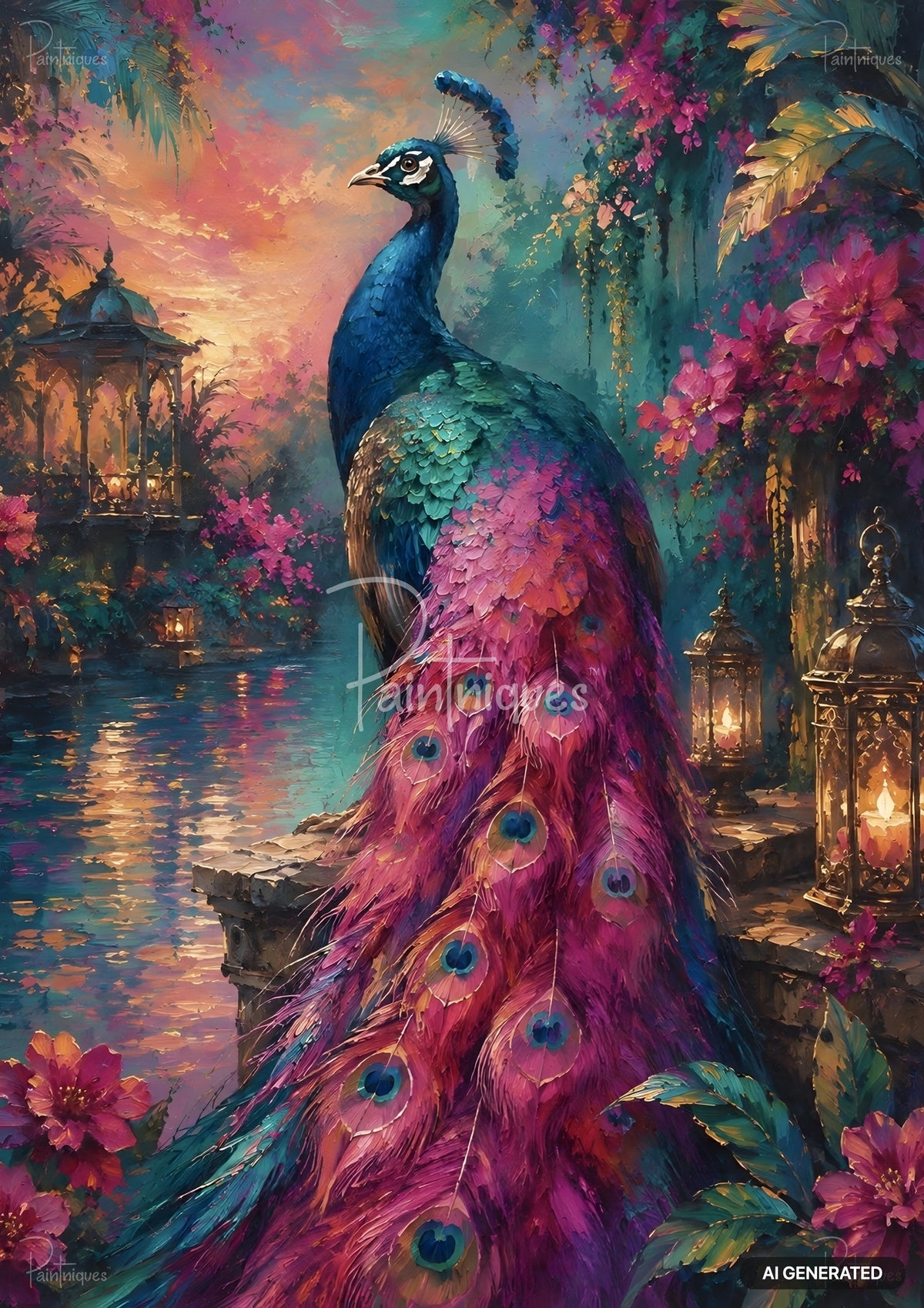 Vibrant painting of a peacock with pink and blue feathers by a moonlit pond with glowing lanterns and flowering plants.