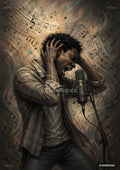 A person with dark curly hair sings passionately into a microphone, hands on their head, surrounded by floating musical notes.
