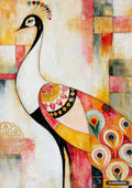 Abstract art of a peacock with colorful, textured feathers against a background of orange, red, and blue blocks.