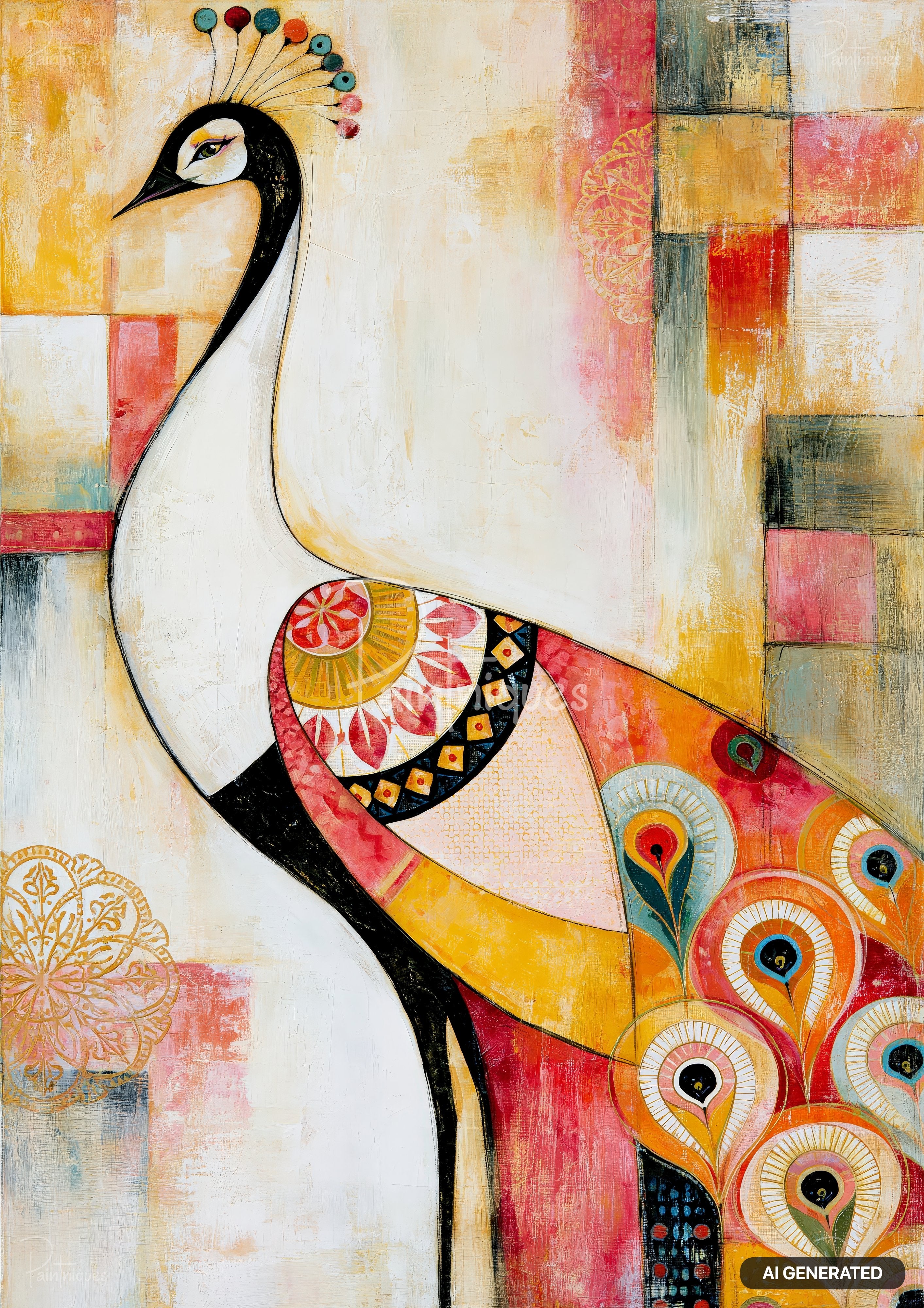 Abstract art of a peacock with colorful, textured feathers against a background of orange, red, and blue blocks.