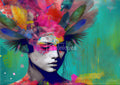 Stylized pale face adorned with colorful feathers and painterly flowers on a turquoise background.