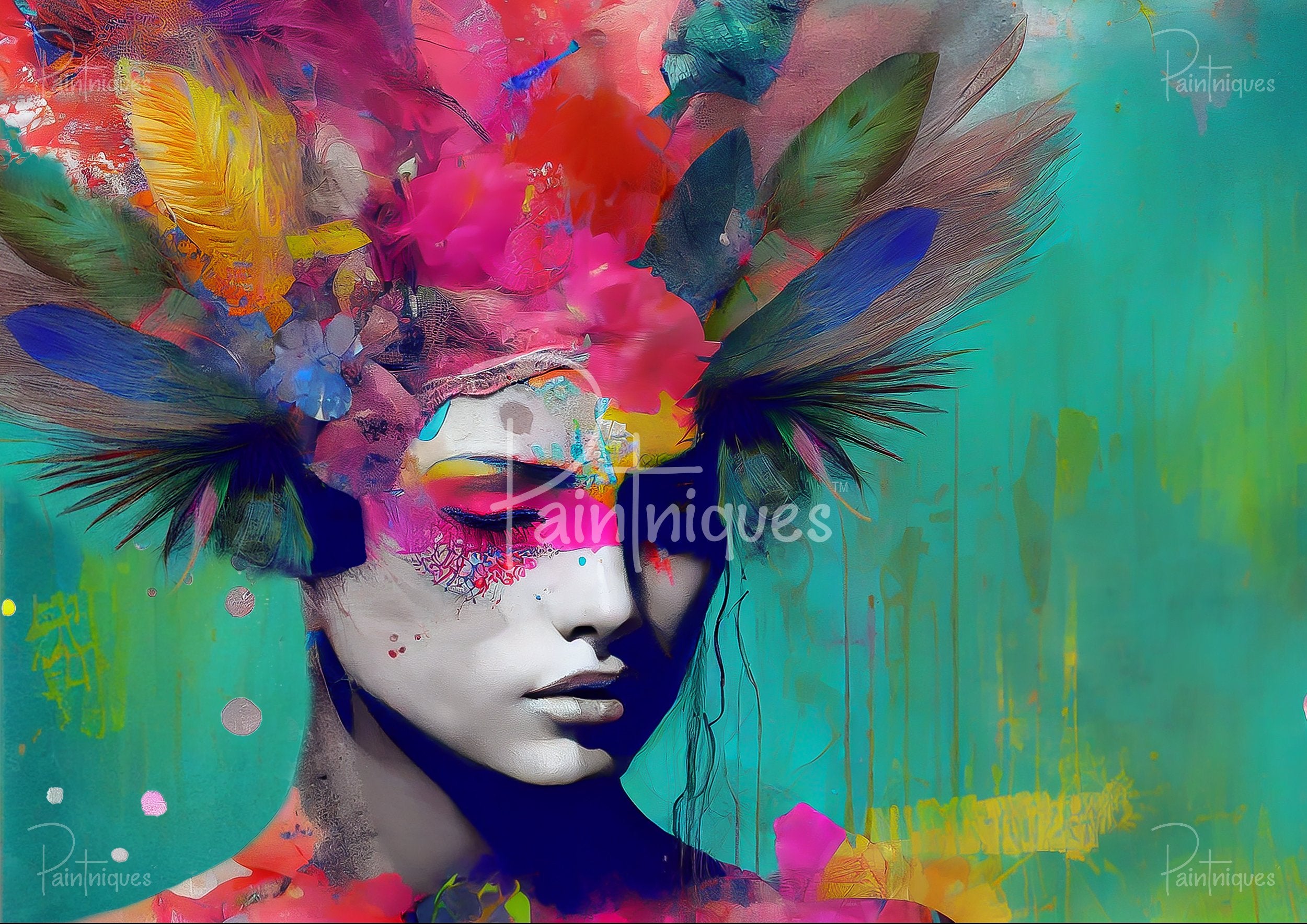 Stylized pale face adorned with colorful feathers and painterly flowers on a turquoise background.