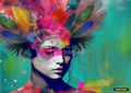 Abstract depiction of a woman's face adorned with vibrant strokes and a headdress of feathers and flowers.