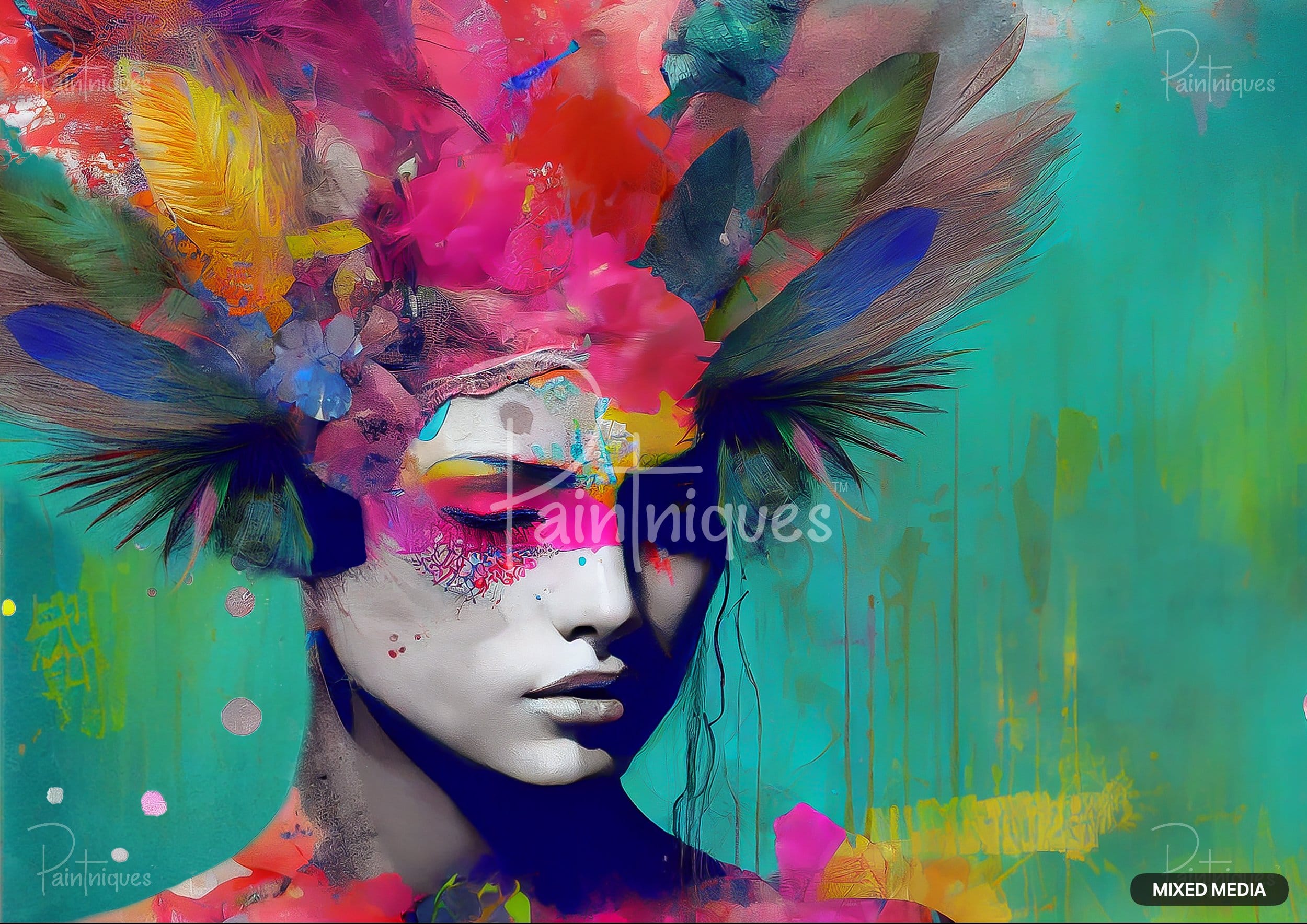 Abstract depiction of a woman's face adorned with vibrant strokes and a headdress of feathers and flowers.