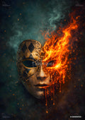 Half of a gold and black Venetian mask on the left. The right half of the face is engulfed in bright orange flames with fiery drips.