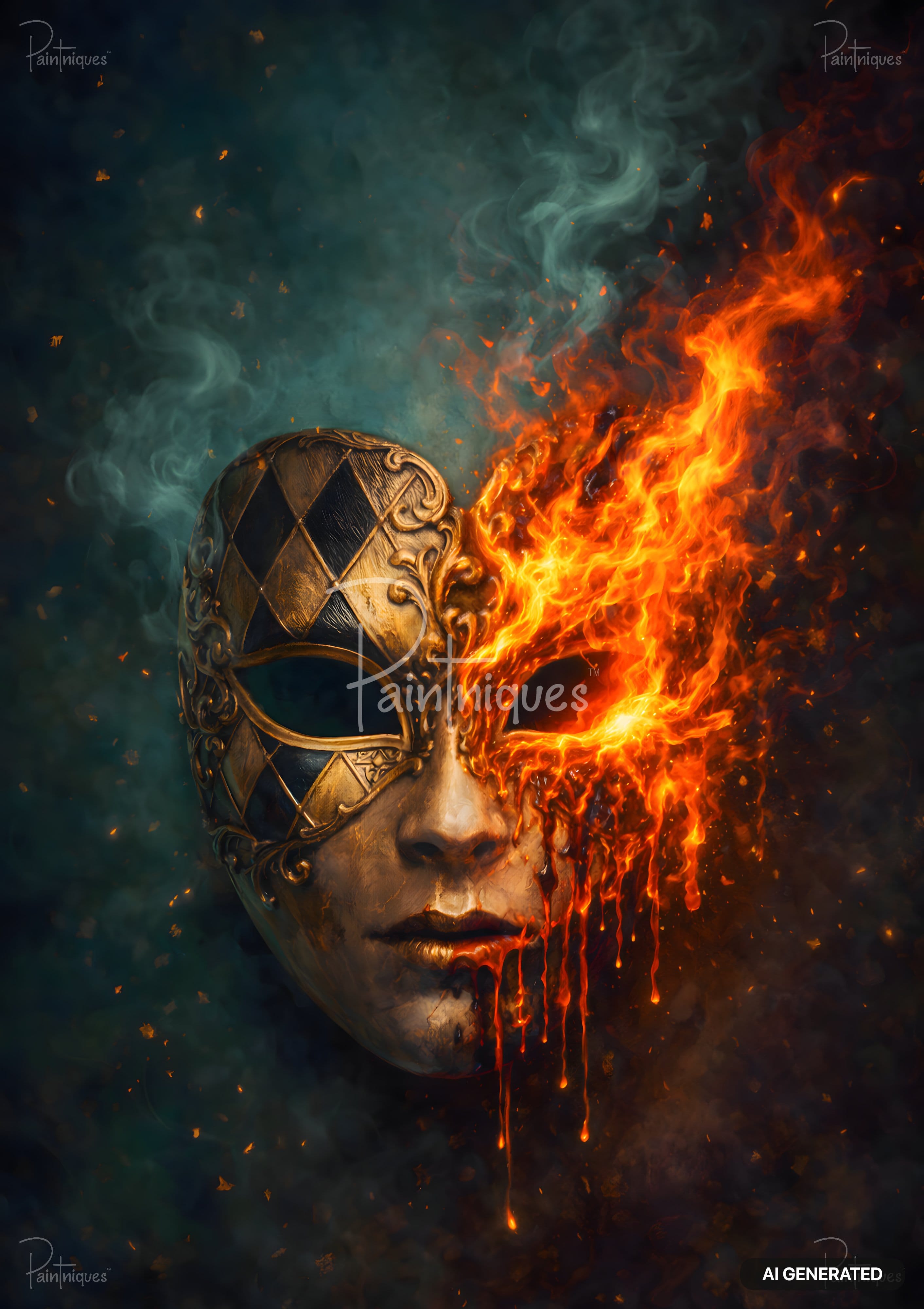 Half of a gold and black Venetian mask on the left. The right half of the face is engulfed in bright orange flames with fiery drips.
