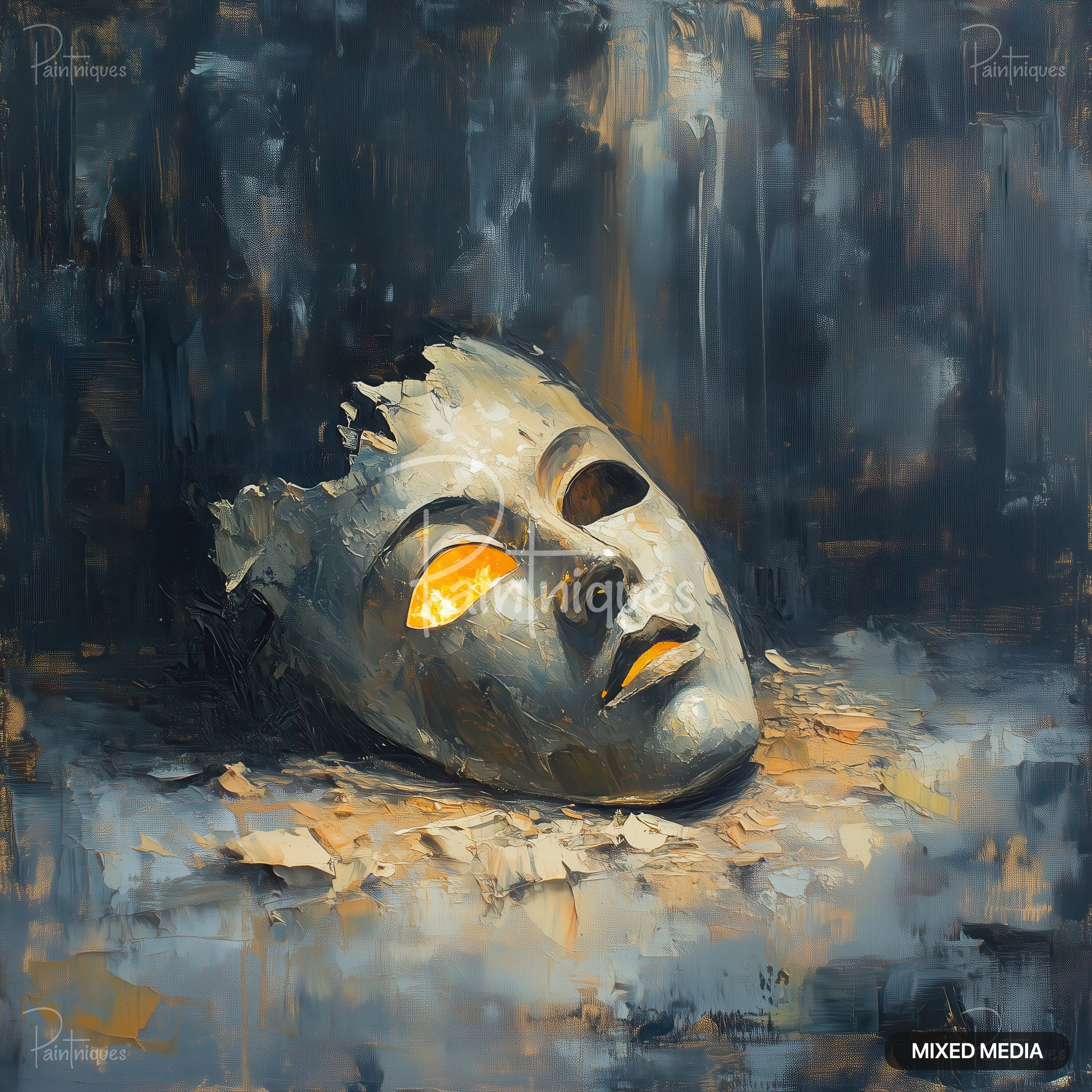 An old, cracked stone mask with glowing orange eyes lies on a textured surface, set against a dark, abstract background.