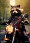 A raccoon on a motorcycle, wearing a leather jacket and waistcoat. The headlight glows, and tall trees blur in the background.