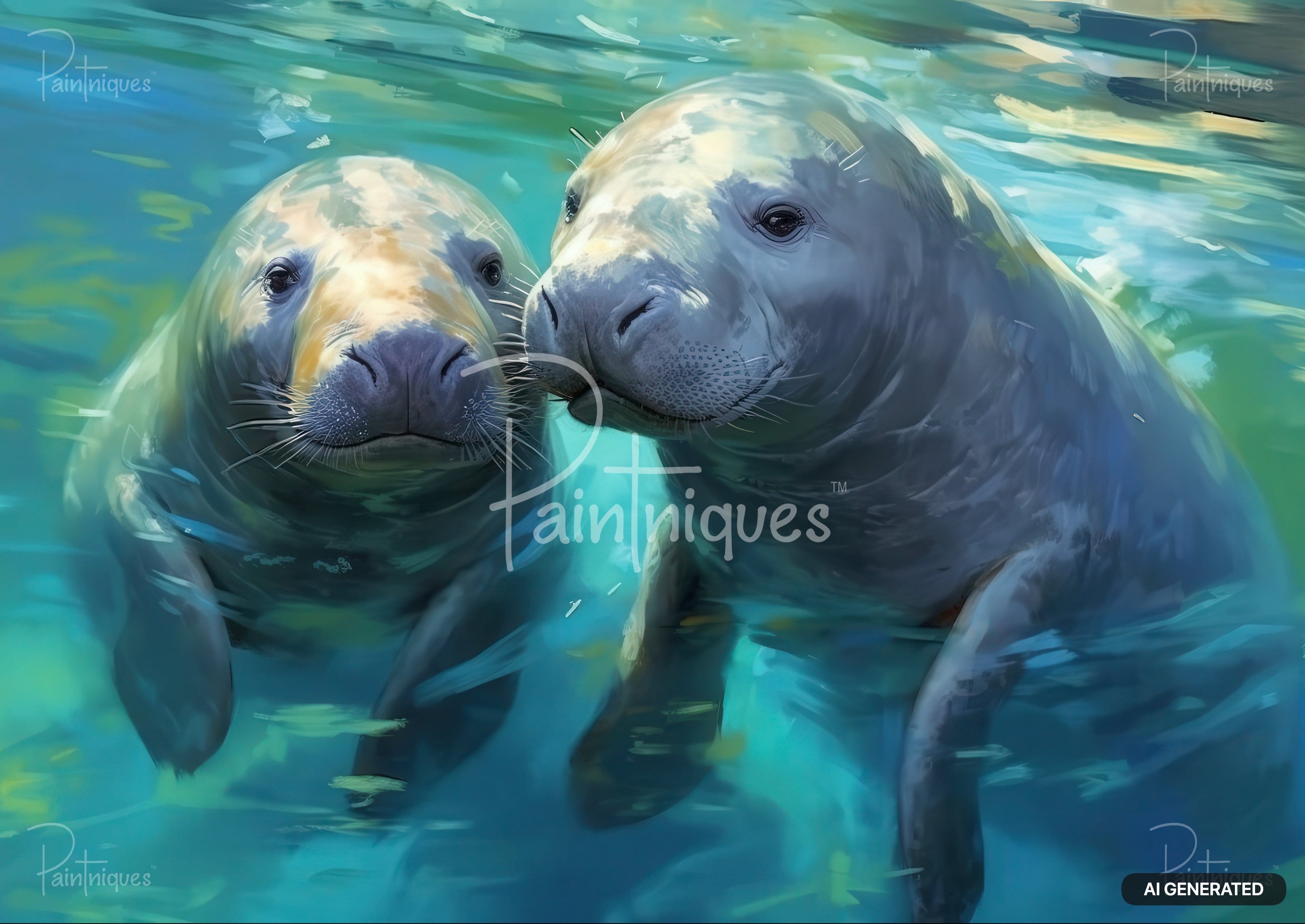 Two manatees swim near the water's surface, one in front and the other to its right.