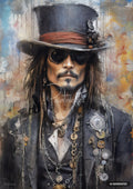 Painting of a man in a top hat, sunglasses, long hair, beard, and mustache, wearing a dark jacket with chains.