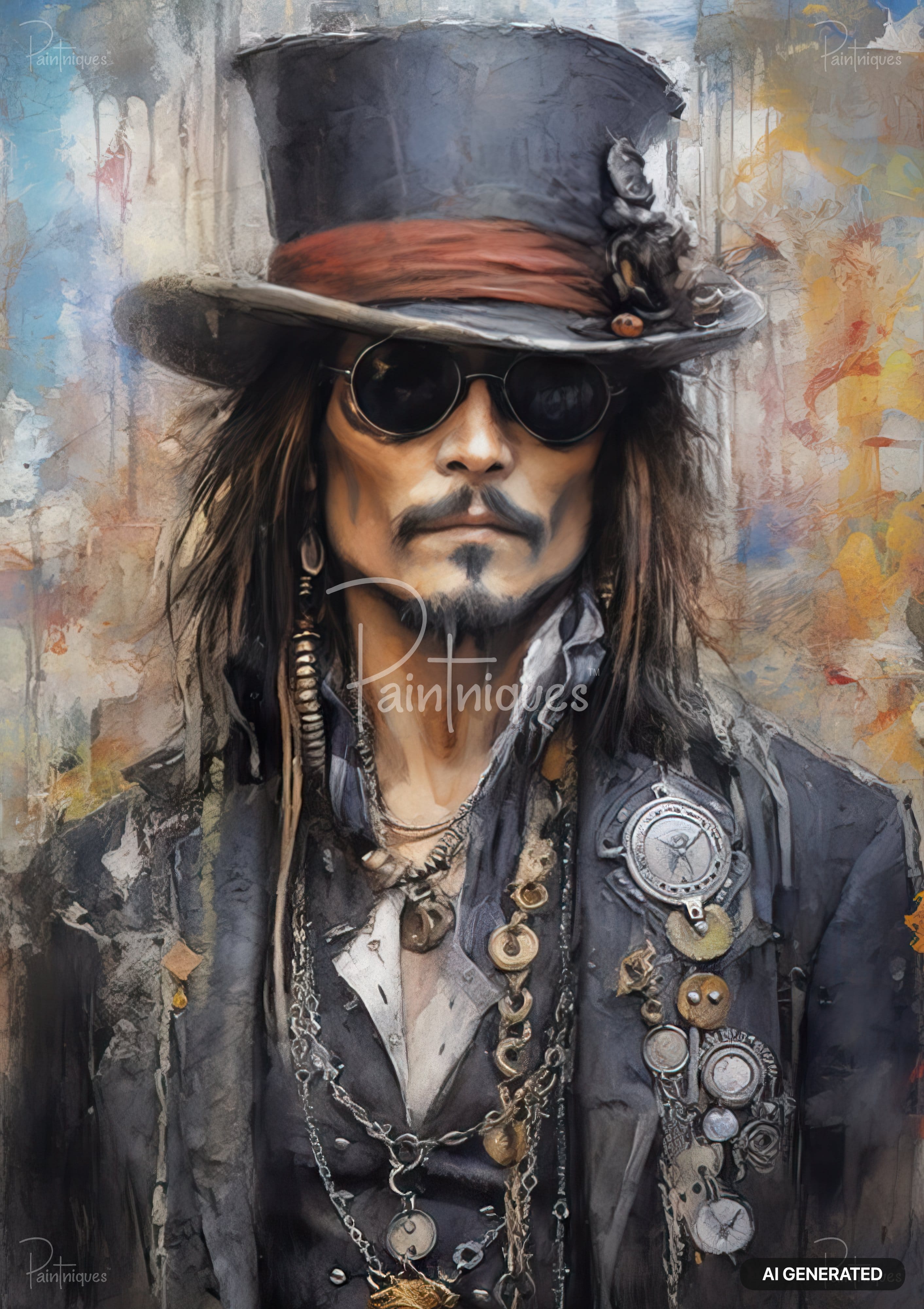 Painting of a man in a top hat, sunglasses, long hair, beard, and mustache, wearing a dark jacket with chains.