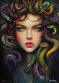 An intense painting of a woman with green eyes, red lips, and a mass of colorful snakes for hair.
