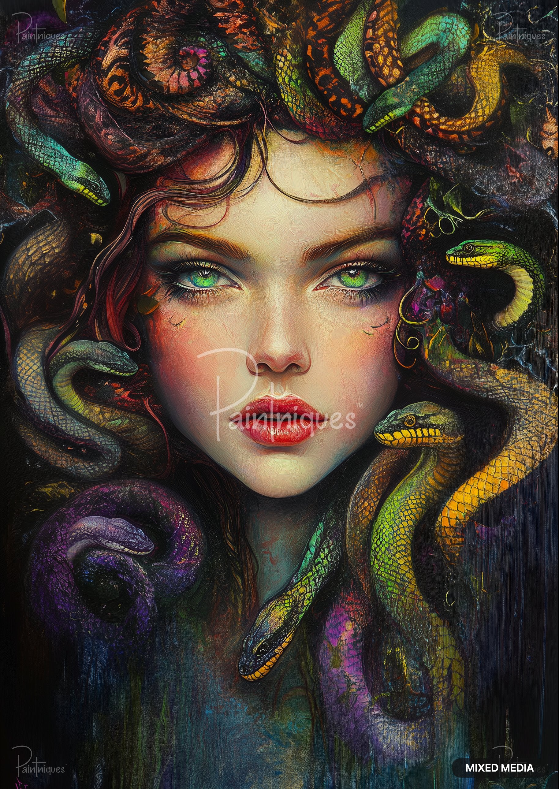 An intense painting of a woman with green eyes, red lips, and a mass of colorful snakes for hair.