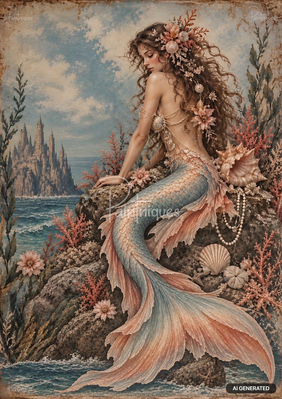 Vintage-style illustration of a mermaid with long brown hair, sitting on rocks with a blue and peach tail.