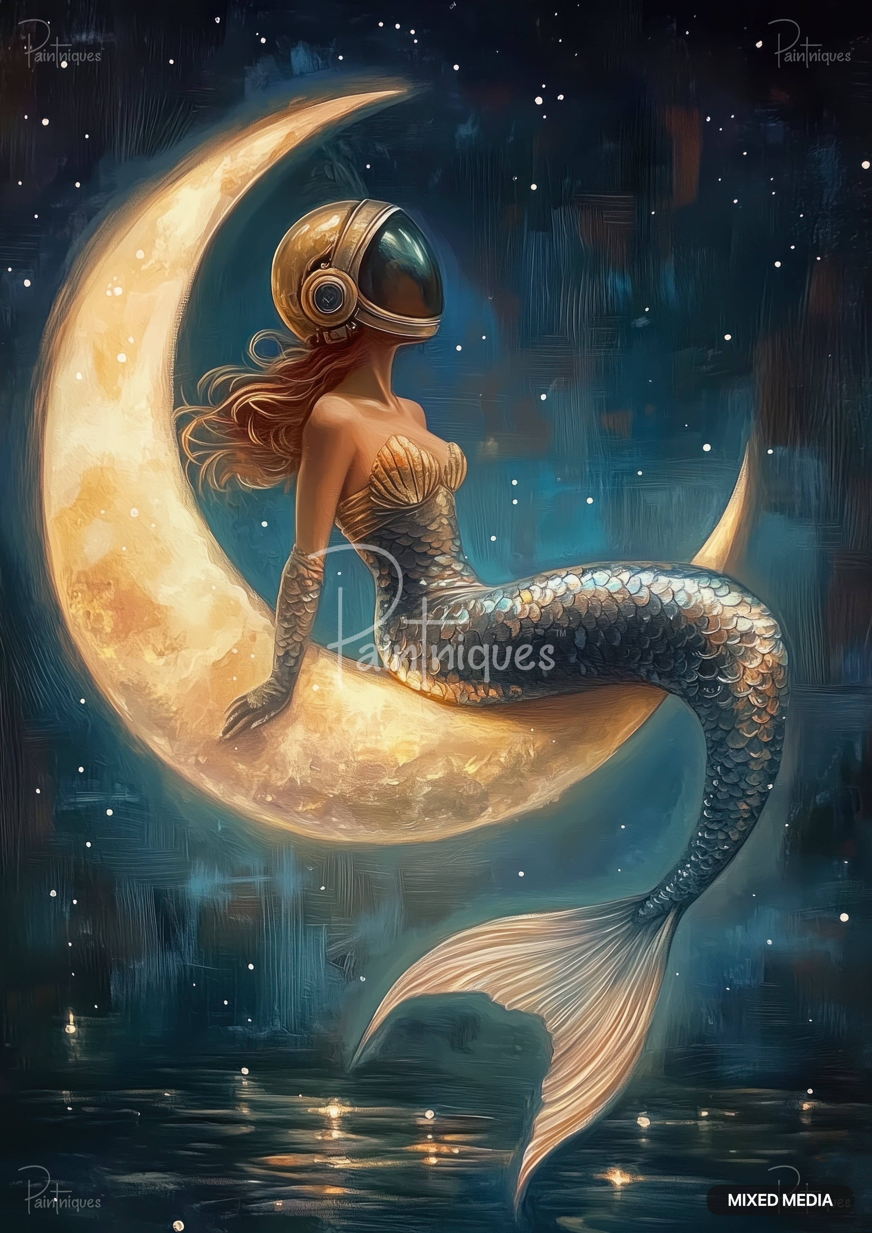 Digital painting of a mermaid with an astronaut helmet sitting on a crescent moon, looking up at a starry night.