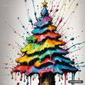 Christmas tree made of dripping, colorful rainbow paint with dynamic splatters and a gold star on top.