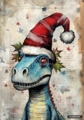 Blue dinosaur in a Santa hat and holly, on a distressed background with faded writing and small stars.