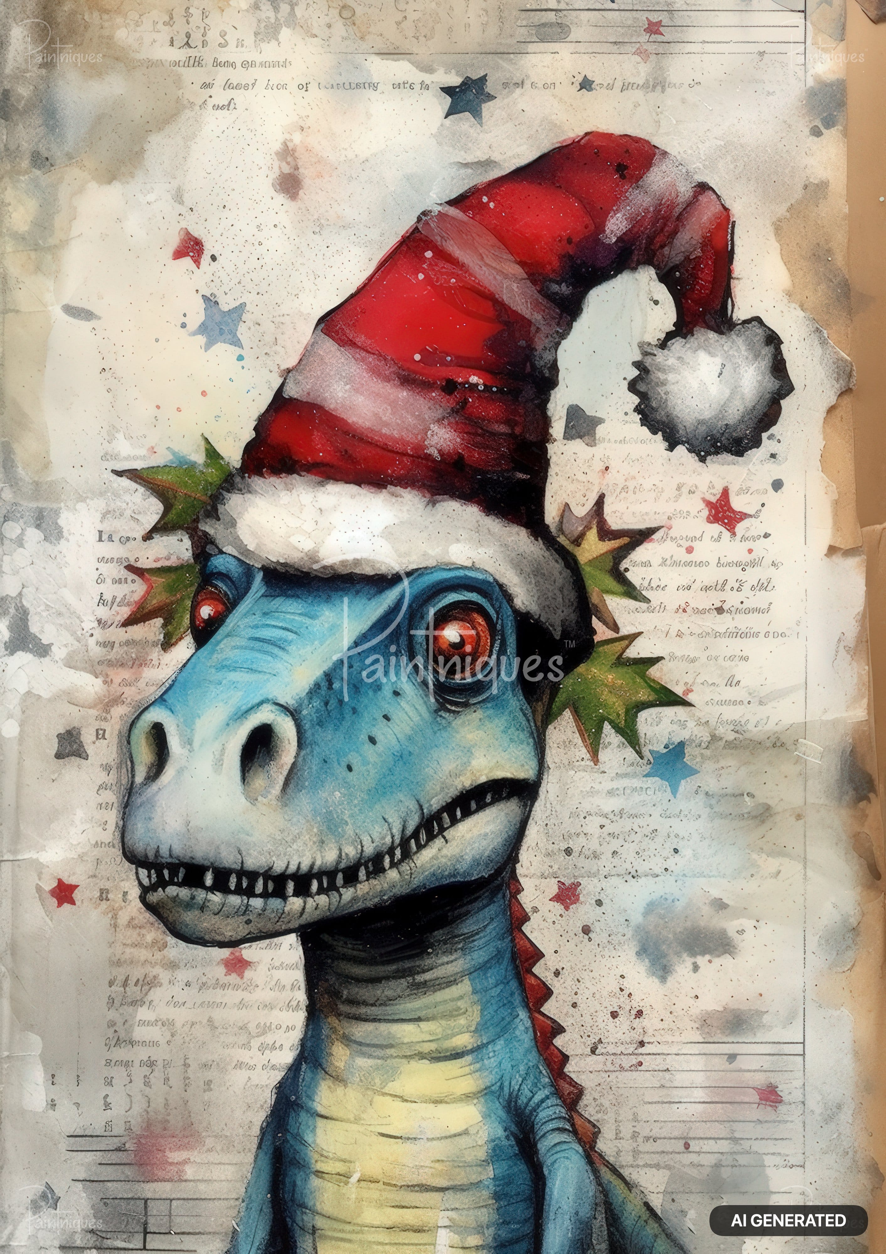 Blue dinosaur in a Santa hat and holly, on a distressed background with faded writing and small stars.