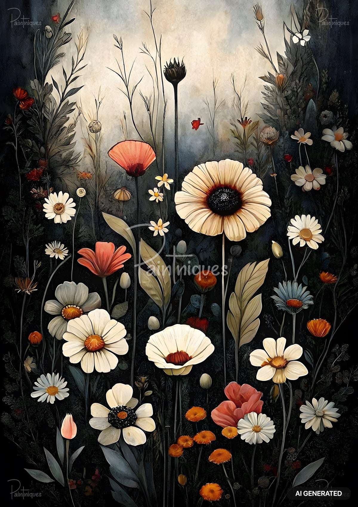 Painting of a dark garden with cream, white, orange, and red flowers and dark green foliage on slender stems.