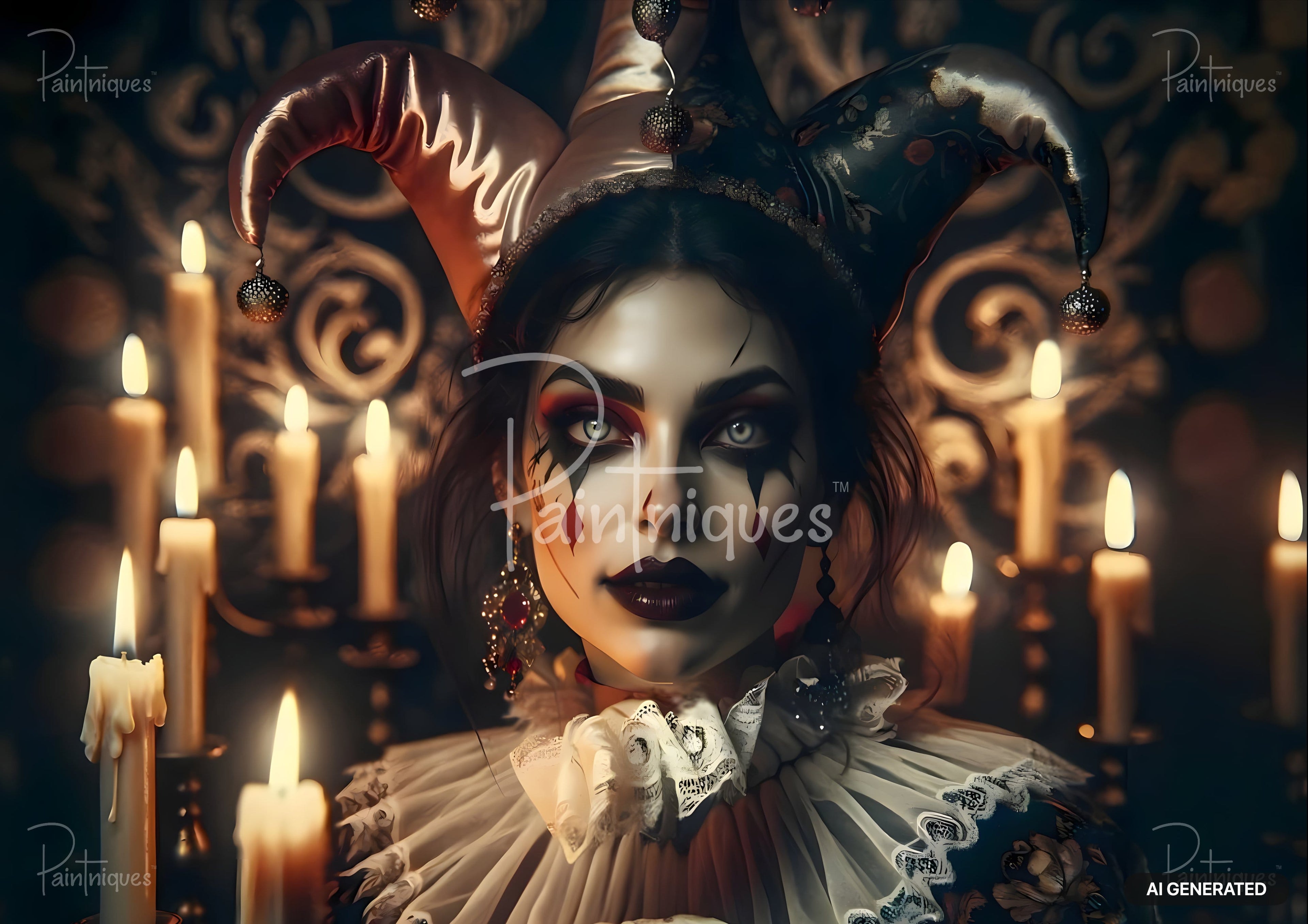 A woman with jester hat and face paint, dark lips, and a ruffled collar, surrounded by many lit candles.