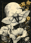 Black-and-cream illustration of a large moth against a full moon, surrounded by detailed flowers and gold botanical accents