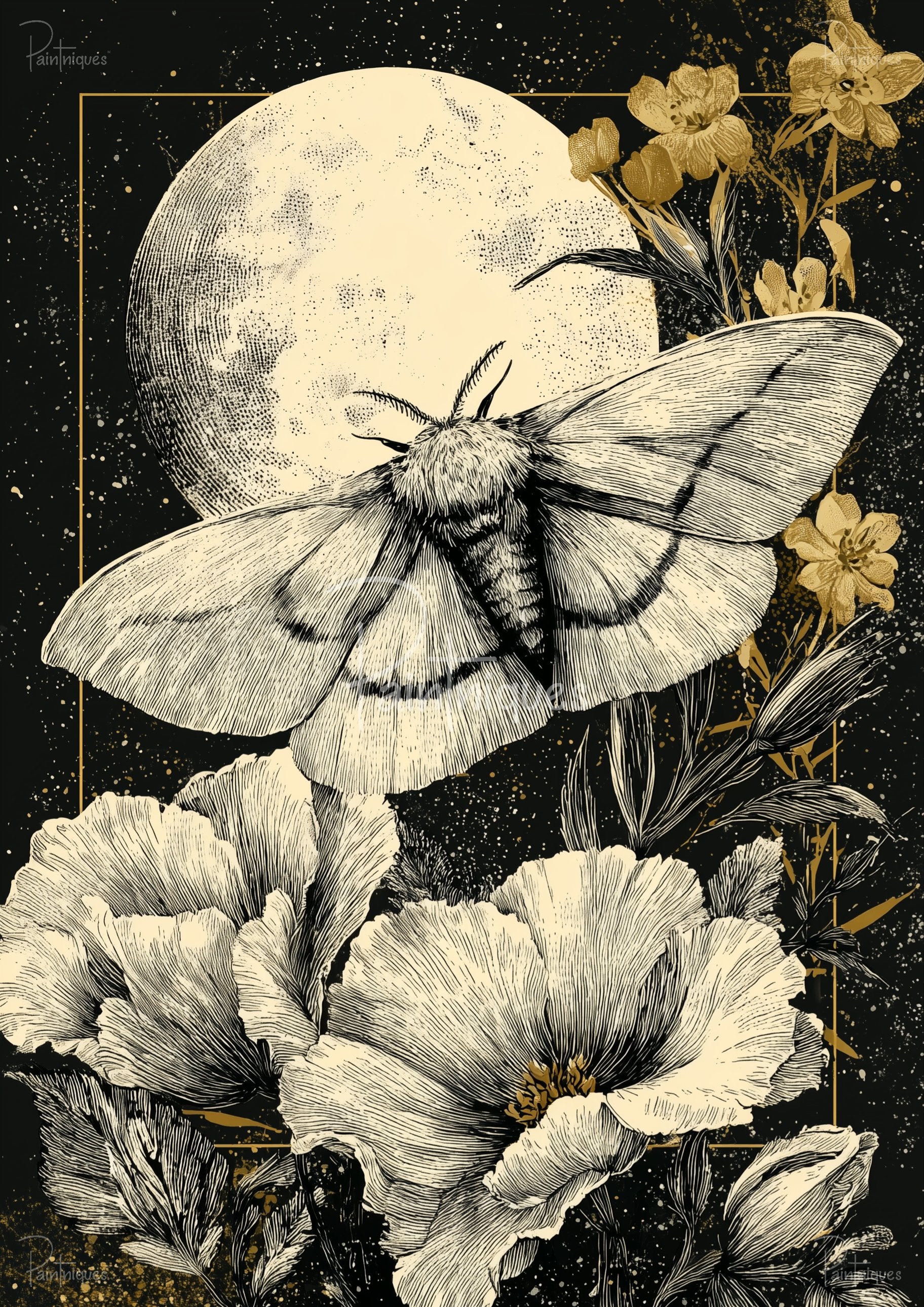 Black-and-cream illustration of a large moth against a full moon, surrounded by detailed flowers and gold botanical accents