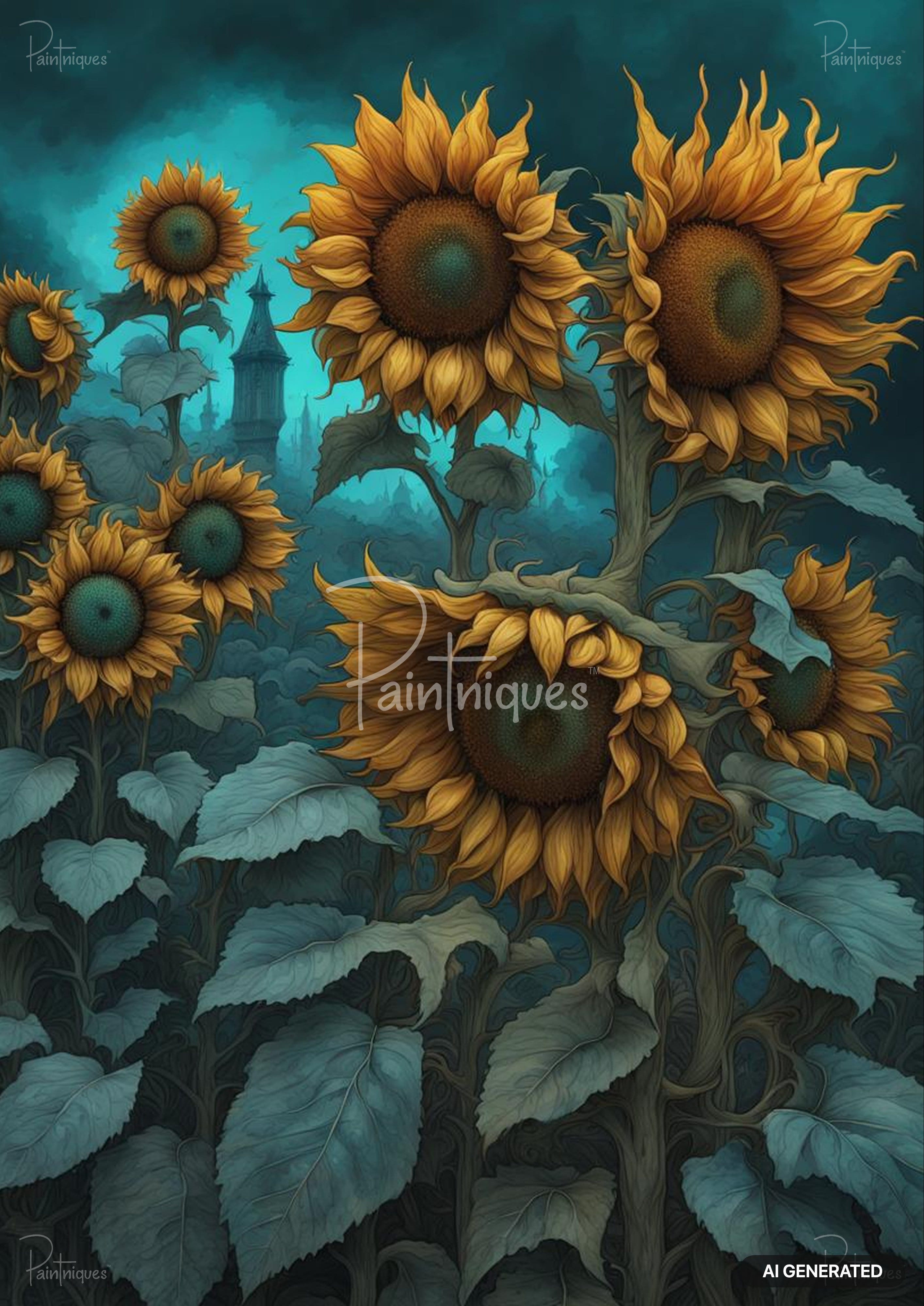 A vibrant, close-up painting of sunflowers with a haunting castle in the misty background under a turquoise sky.