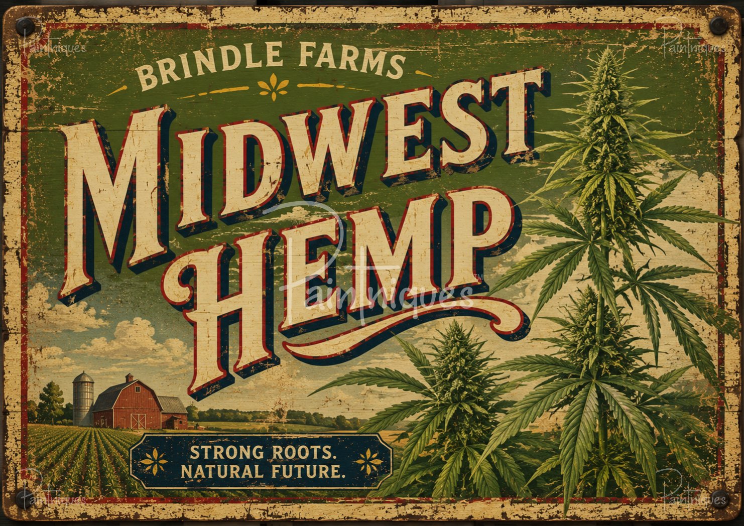 Vintage-style green sign reading 'MIDWEST HEMP' with tall hemp plants at right and a red barn and field at left.