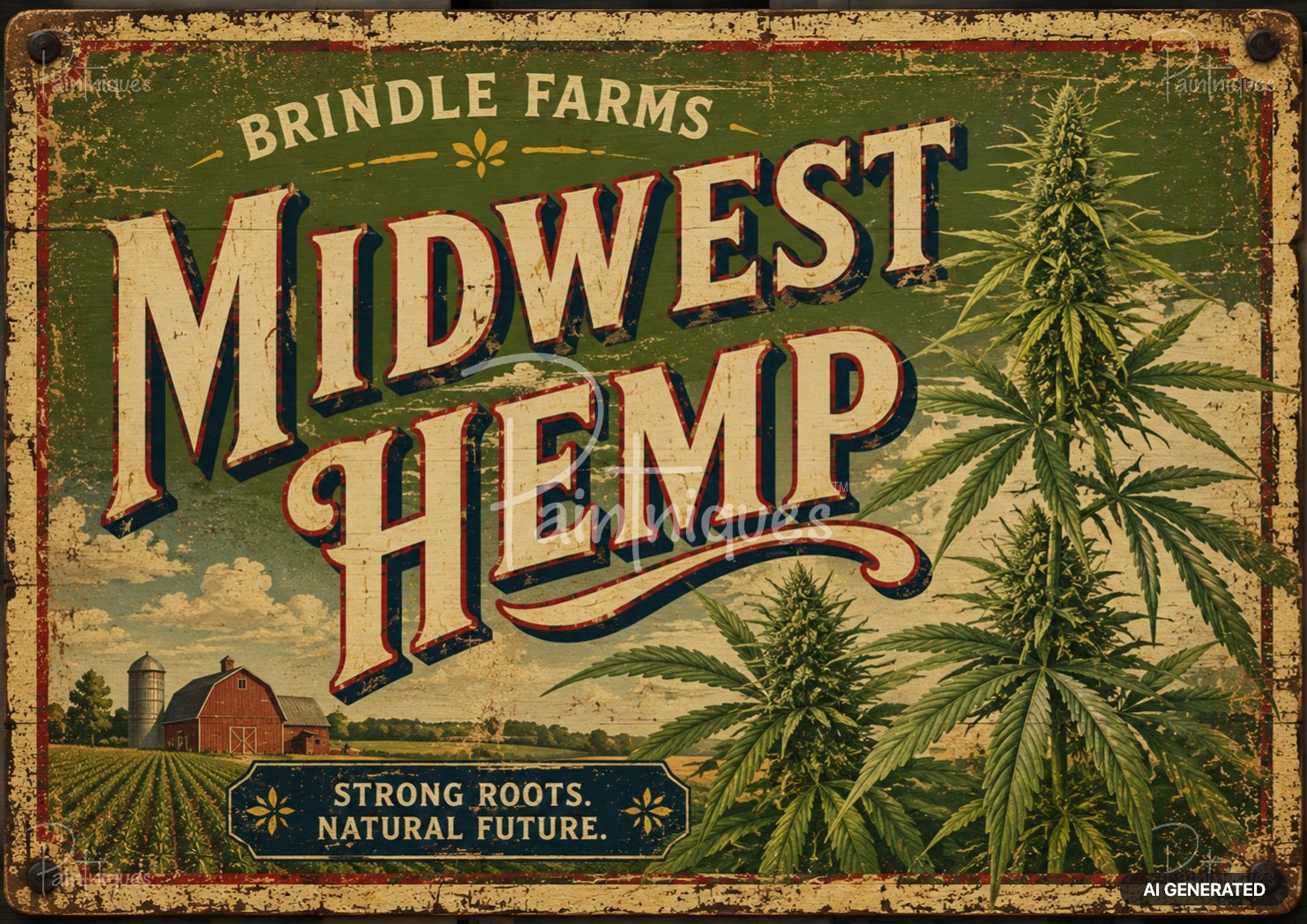 A distressed vintage sign with "MIDWEST HEMP" over a farm, fields, and large cannabis plants.