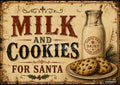 Vintage-style sign with "MILK AND COOKIES FOR SANTA," a bottle of milk, and a plate of chocolate chip cookies.