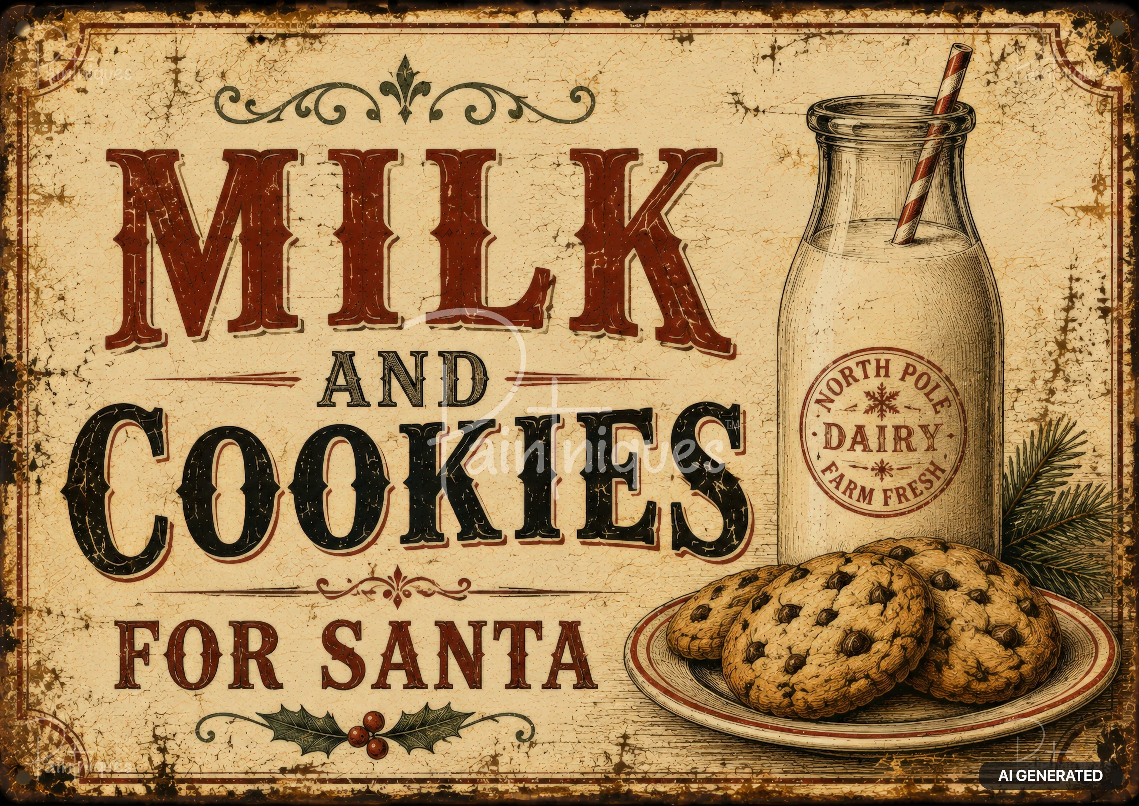 Vintage-style sign with "MILK AND COOKIES FOR SANTA," a bottle of milk, and a plate of chocolate chip cookies.