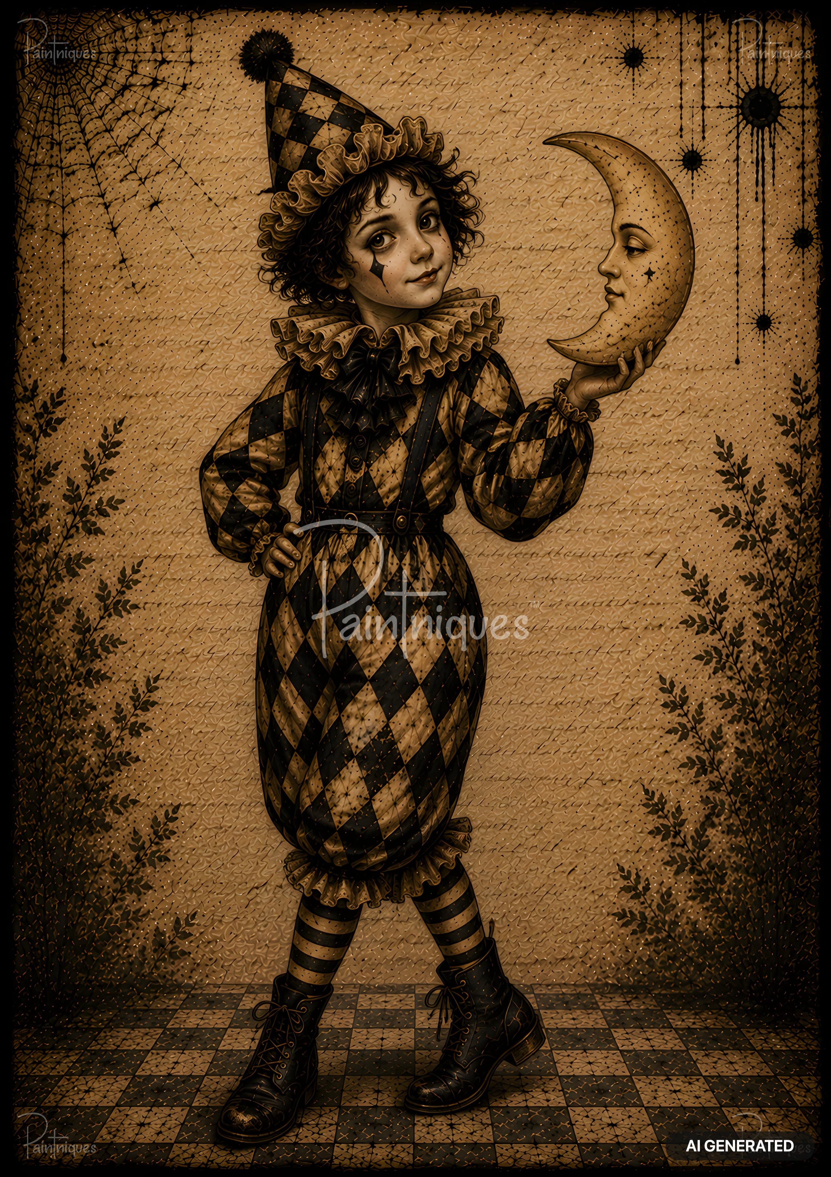 A harlequin child in a checkered costume and ruffled collar holds a crescent moon with a face, on a textured background.