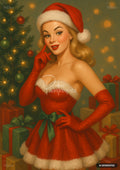 Vintage pin-up style woman in a red Santa dress posing beside a decorated Christmas tree and gifts.