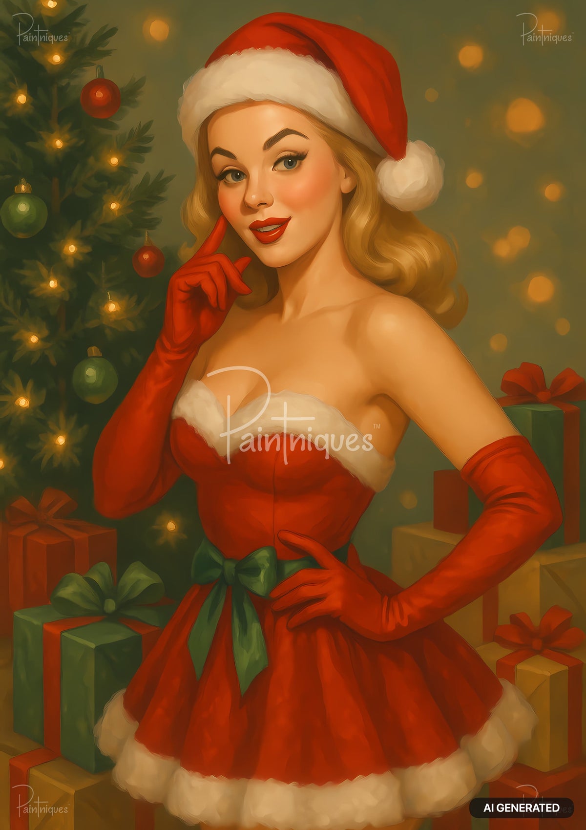 Vintage pin-up style woman in a red Santa dress posing beside a decorated Christmas tree and gifts.