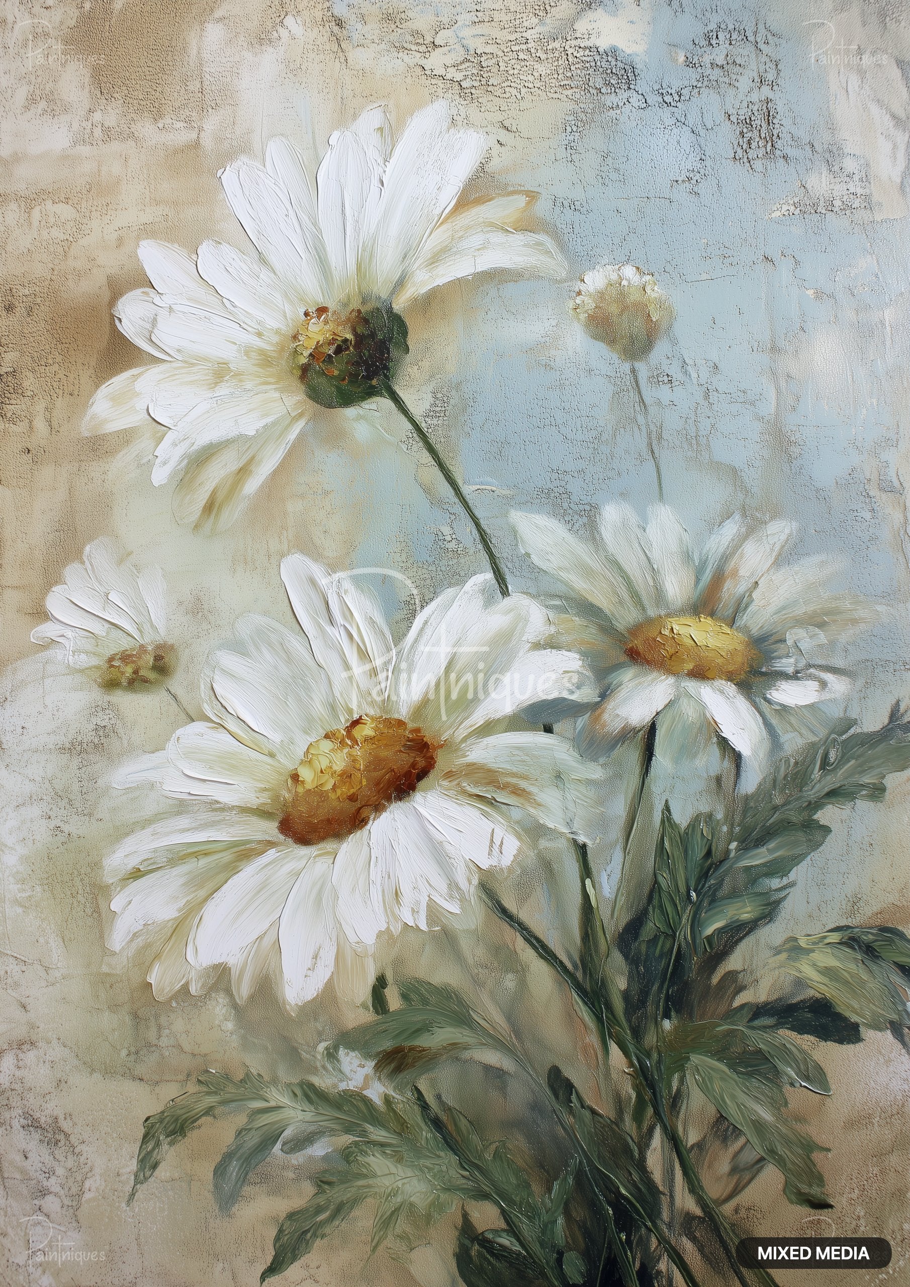 An impasto painting of white daisies with yellow and brown centers, green stems, and leaves on a distressed background.