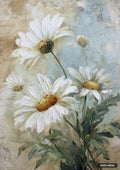 Textured painting of white daisies with yellow centers and green leaves against a variegated beige and light blue background.