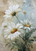 Painterly white daisies with golden centers and green stems on a textured blue-beige background