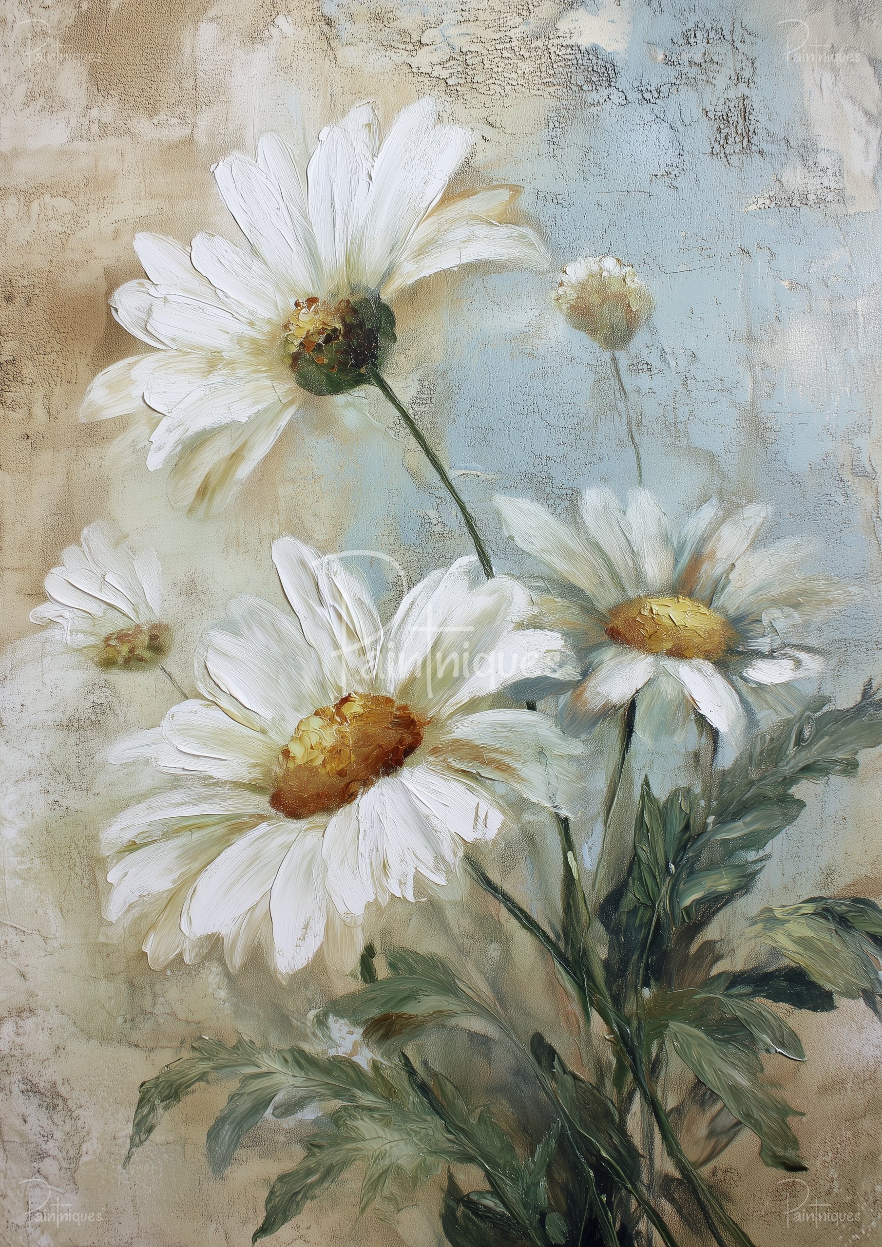 Painterly white daisies with golden centers and green stems on a textured blue-beige background