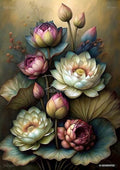 A bouquet of blooming and budding lotus flowers with large leaves, in shades of pink, white, and teal on a dark background.