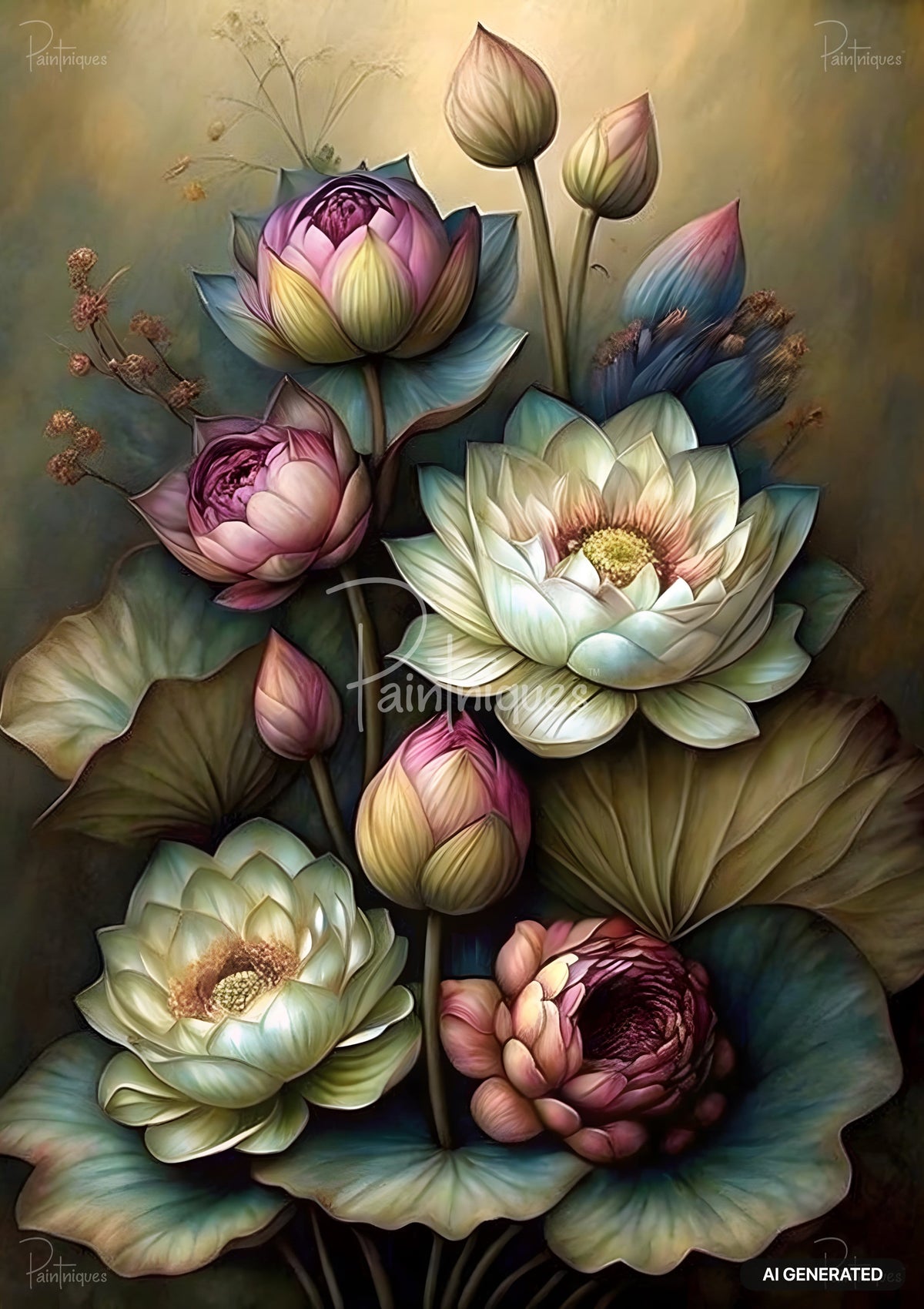 A bouquet of blooming and budding lotus flowers with large leaves, in shades of pink, white, and teal on a dark background.