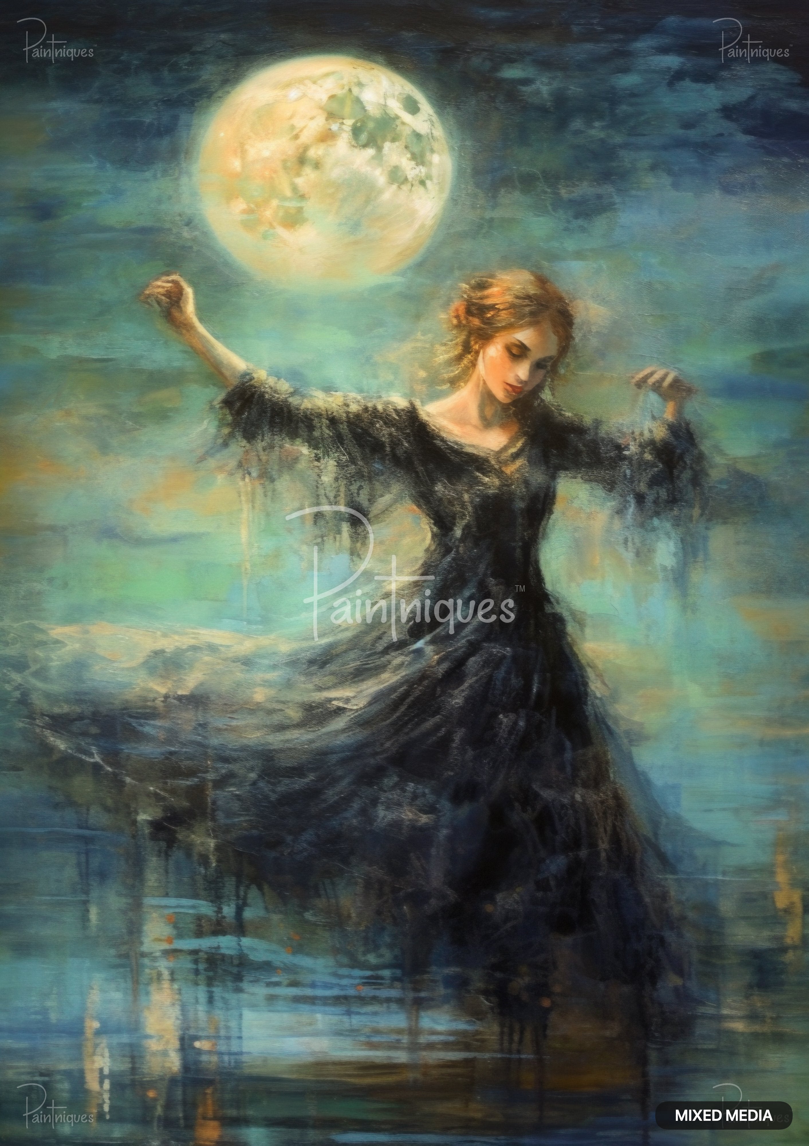 An oil painting of a woman in a black flowing dress, arms outstretched, dancing under a brightly glowing full moon.