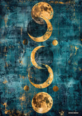 Teal and gold abstract art with moon phases and circles arranged vertically, featuring textured metallic accents.