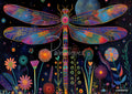 Vibrant stained-glass dragonfly with patterned wings over a moon and a field of colorful stylized flowers at night.