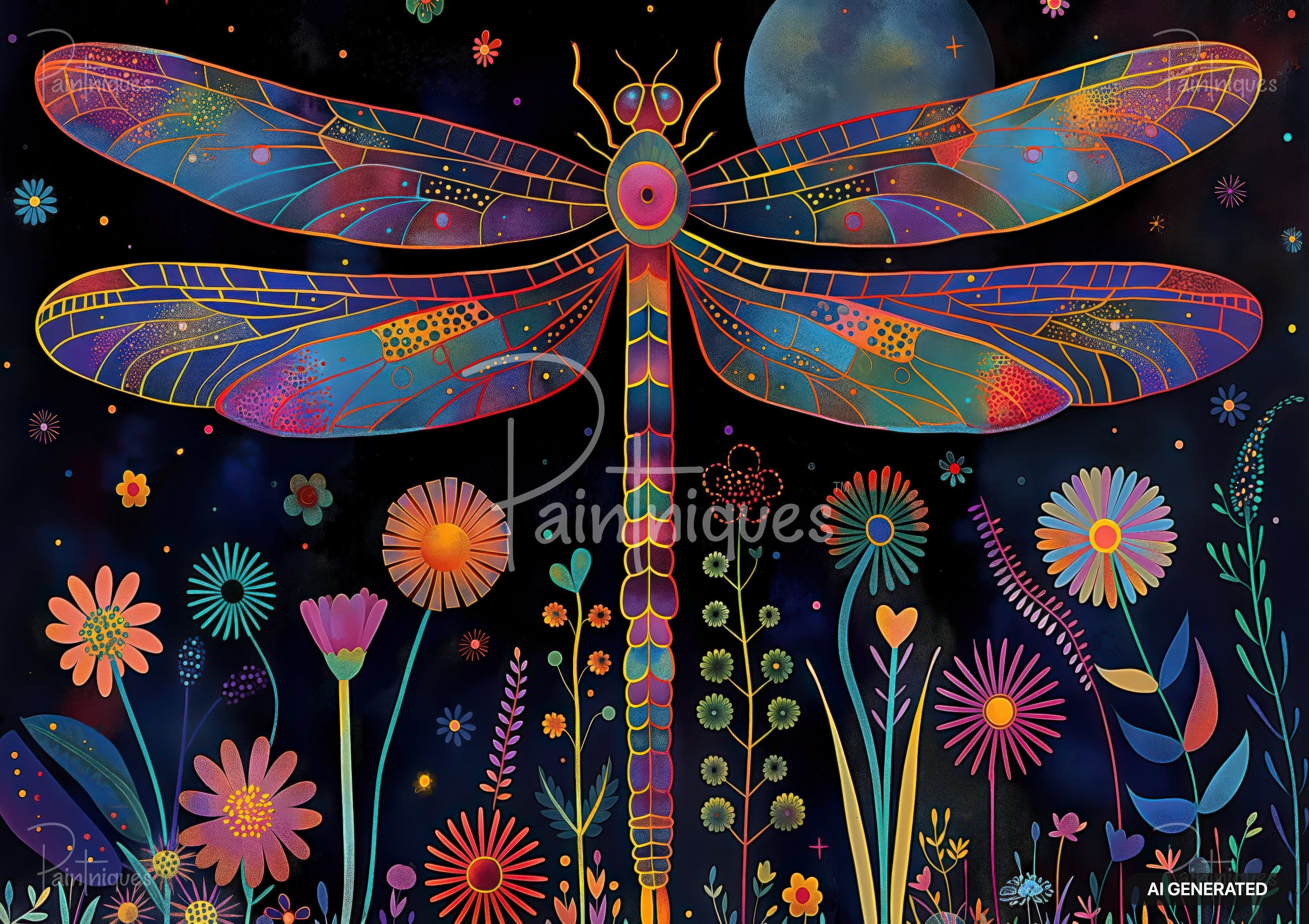 Vibrant stained-glass dragonfly with patterned wings over a moon and a field of colorful stylized flowers at night.