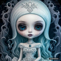 A wide-eyed doll with light blue hair, a silver crown, pearl necklace, and an ornate, silver dress.